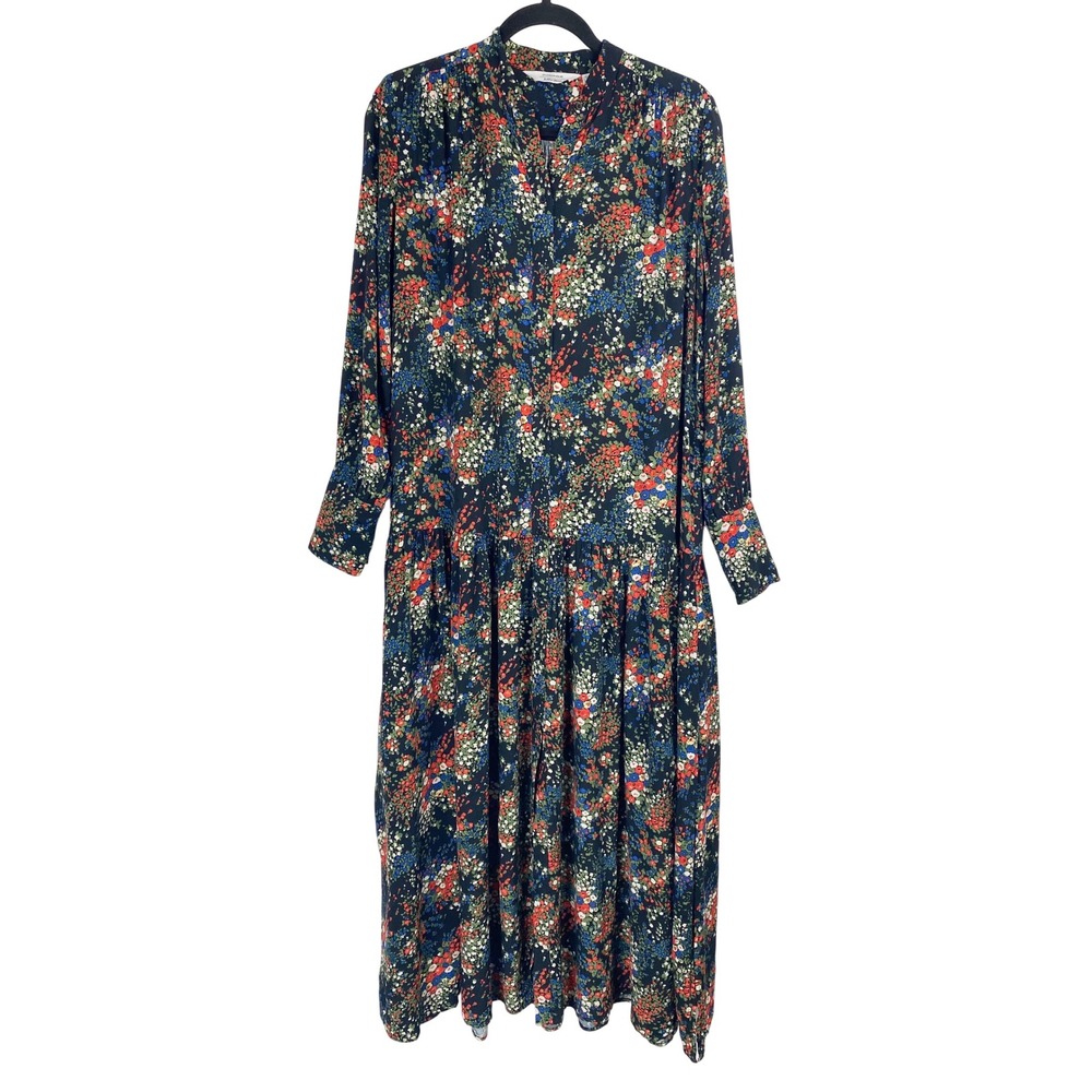 &Other Stories Black Floral Print Midi Dress Long Sleeve Drop Waist Women Size 4